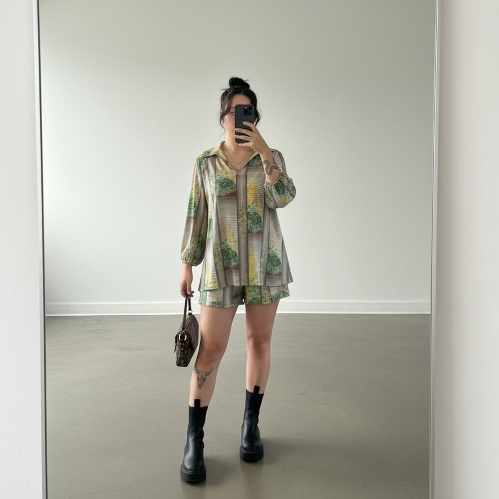 Vintage Retro 80’s Style Floral Linear Print Collared Long Sleeve Blouse Shirt